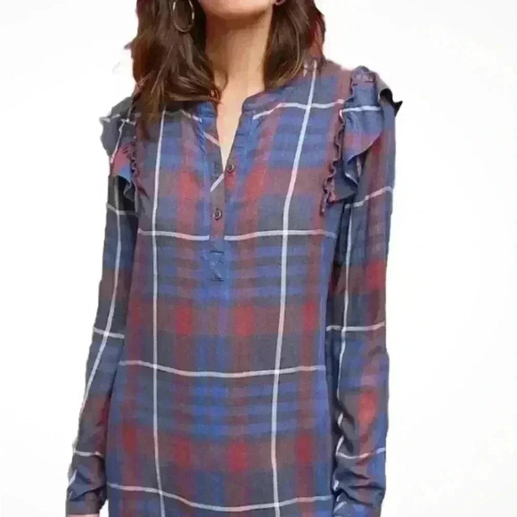 Anthropologie Cloth & Stone Plaid Ruffle V Neck Shirt Dress Size Small - Picture 1 of 13